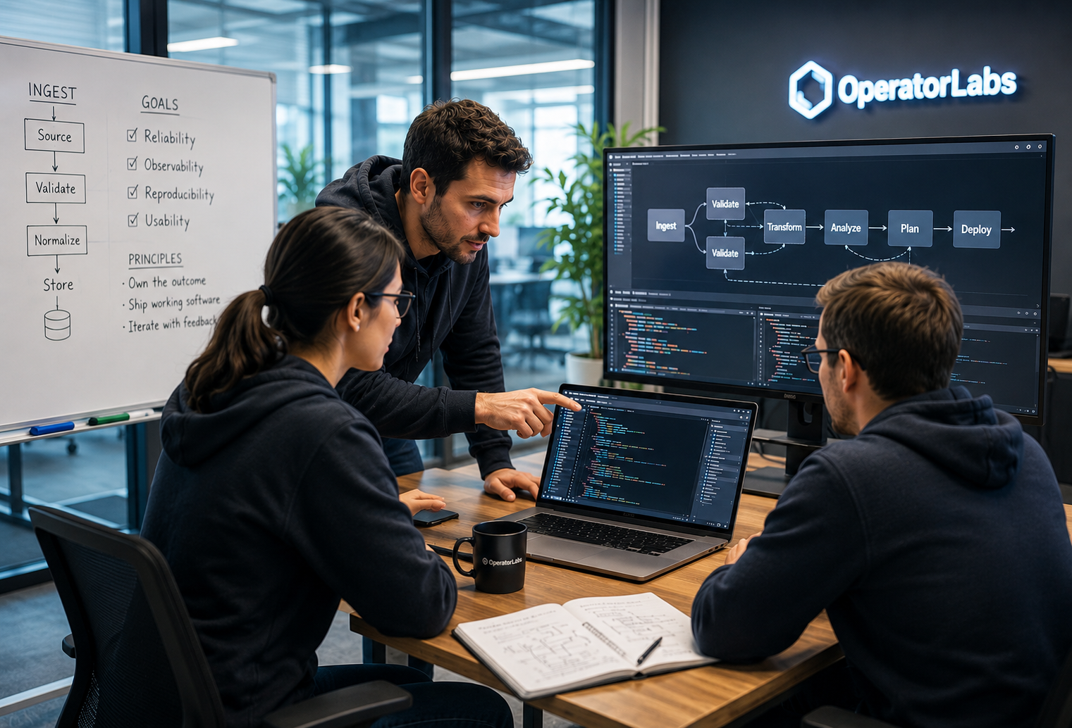 Illustration of AI-assisted code being refined by engineers